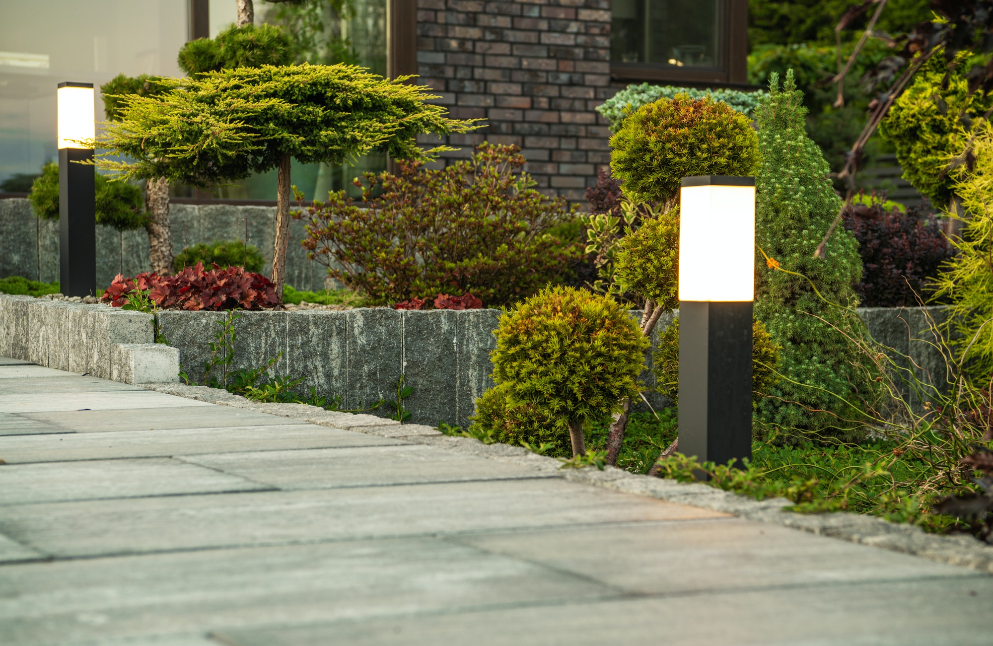 Outdoor Garden Lights Along Concrete Walkway